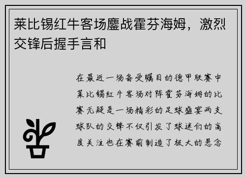 莱比锡红牛客场鏖战霍芬海姆，激烈交锋后握手言和