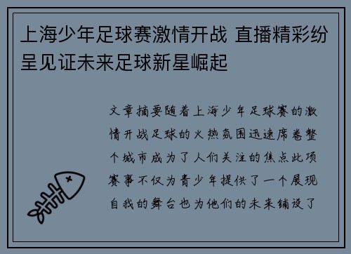 上海少年足球赛激情开战 直播精彩纷呈见证未来足球新星崛起