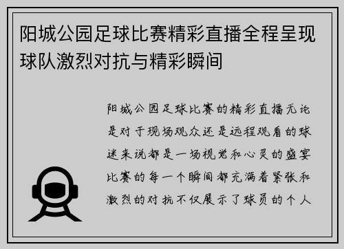阳城公园足球比赛精彩直播全程呈现球队激烈对抗与精彩瞬间